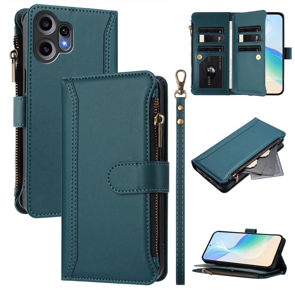 For Nothing CMF Phone 2 Pro Leather Case 9 Card Slots Zipper Wallet Stand Phone Cover with Wrist Strap
