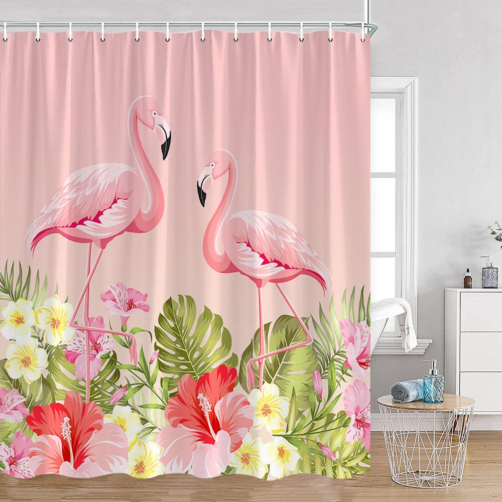 Flamingos Shower Curtains Tropical Leaves Pink Birds Green Plants Bathroom Curtain Polyester Fabric Home Decorations with Hooks