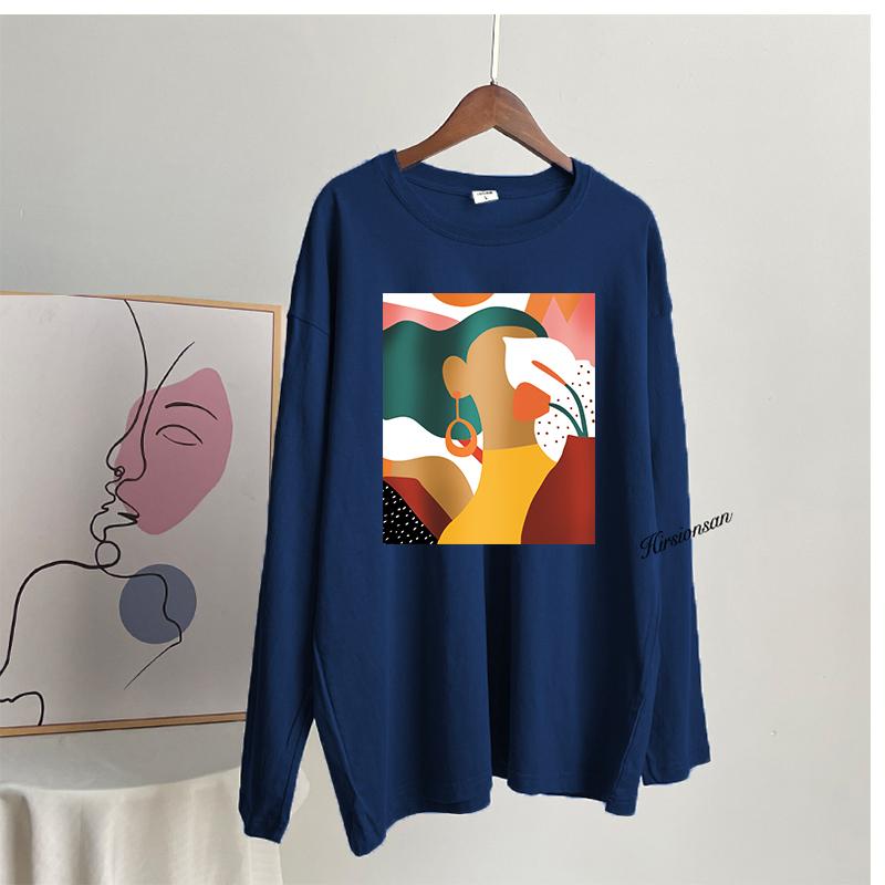 Hirsionsan Vintage Printed Long Sleeve T-shirt Women Loose 100% Cotton O-neck Tees Female Chic Aesthetic Graphic Pullover 2023