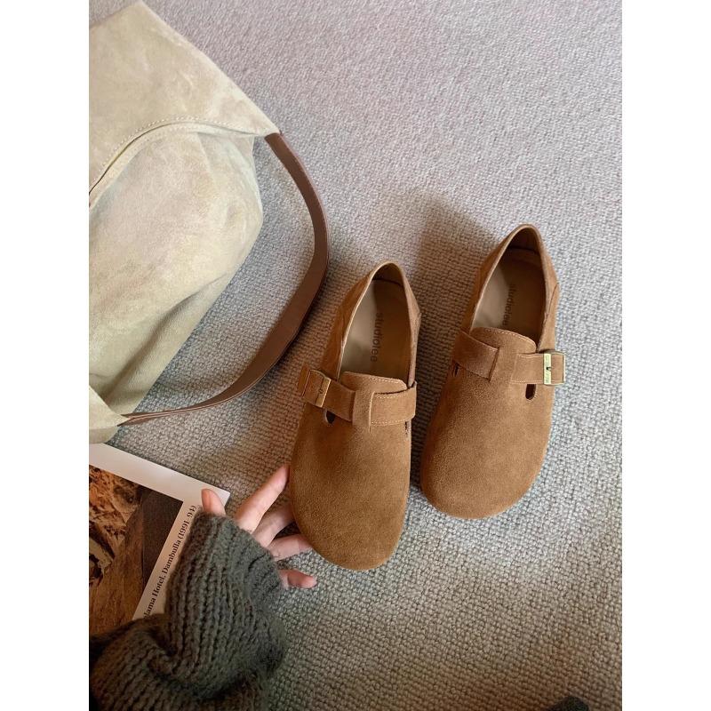 Sheepskin Genuine Leather Retro Women's One-pedal Heel Buckle Women's Flat-bottomed Lazy Single Shoes