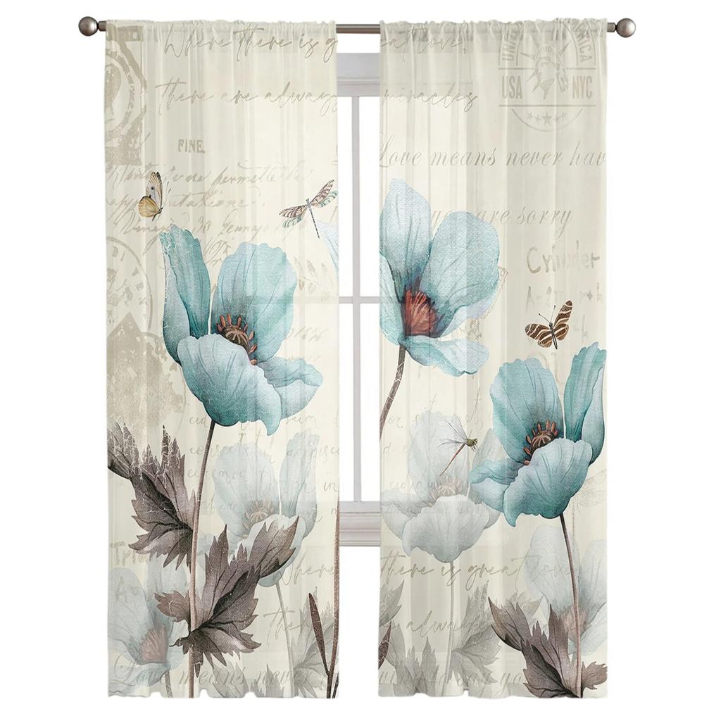 Rustic Vintage Floral Dragonfly Butterfly Sheer Voile Window Curtains Tulle Curtains Living Room Balcony Decoration Drapes