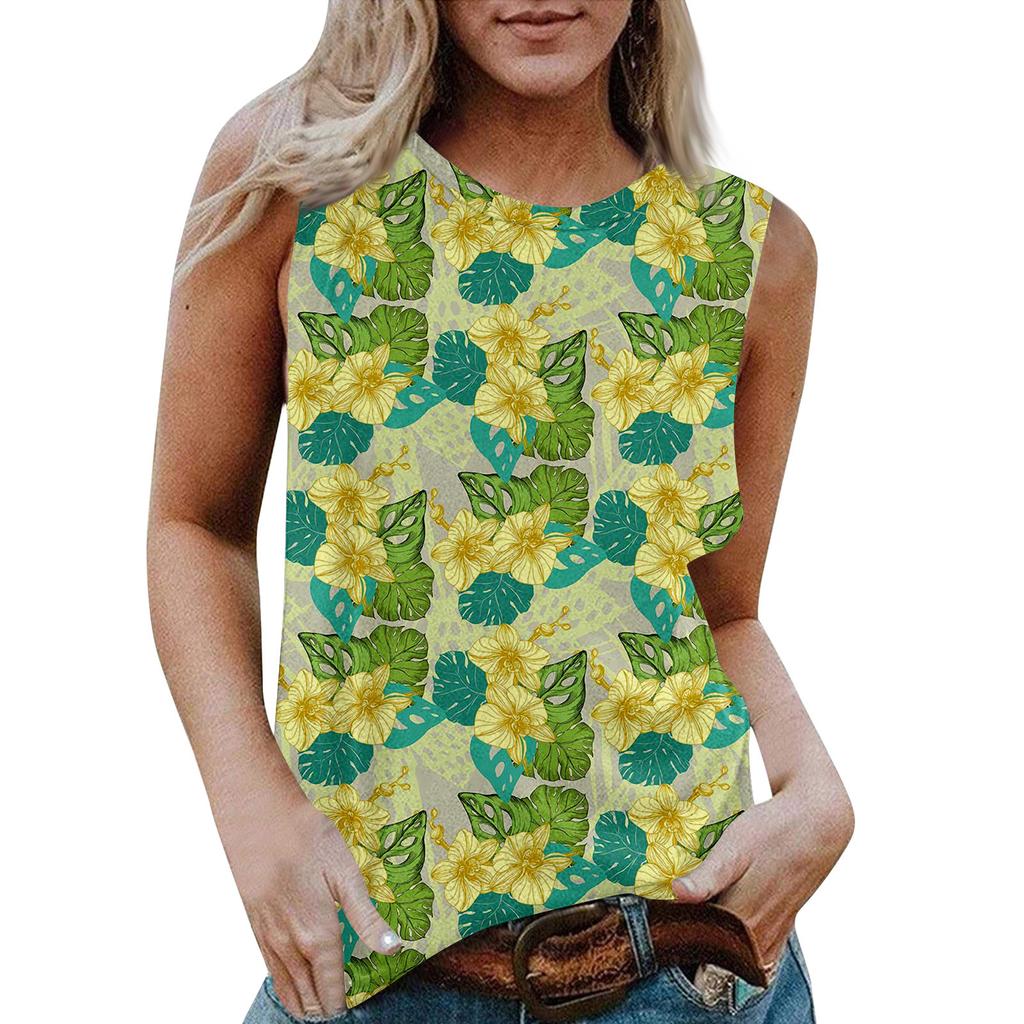 Damen Rundhals Lässig Ärmellos X Hawaiianisch Bedrucktes Westen-T-Shirt Top