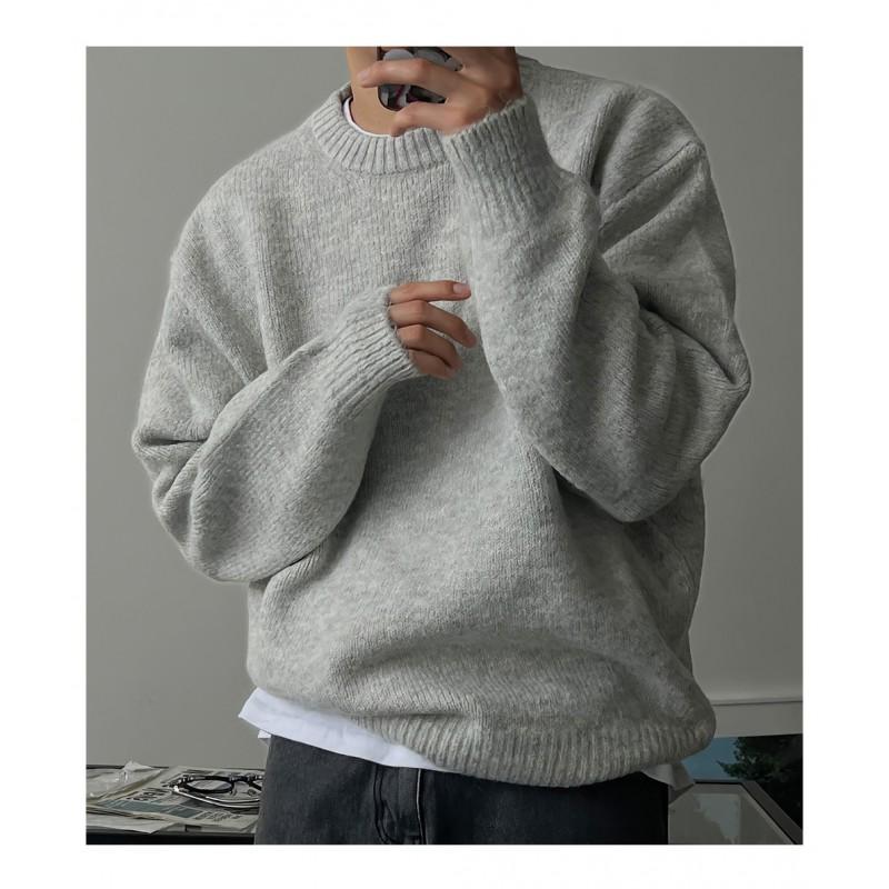 Mens Solid Color Oversized Round Neck Knit Sweater Warm Thick Casual Winter Top