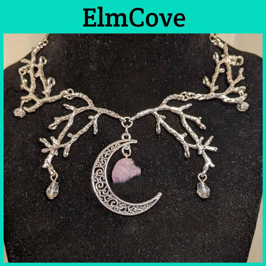 And Hollow Moon Silvery Color Branch With Purple Crystal Pendant Necklace Fashionable Chain Jewelry For Women Daily Glam