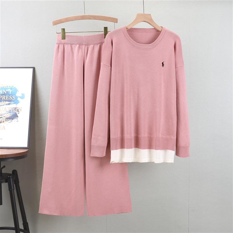 Autumn Women's Plus Size Fashion Casual Set Round Neck Loose Sweatshirt Wide Leg Pants Suit