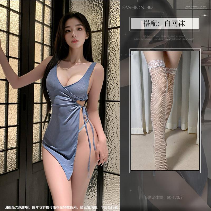 Sex underwear deep V French sexy, waist pumping pleated high split hip wrap thin lace-up strap pure desire suspender skirt