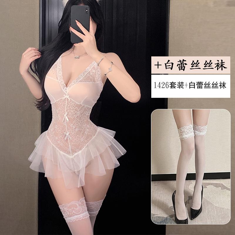Original Erotic Underwear, Sexy halter lace Seductive one-piece dress, Women's beaded see-through uniform pajamas 1426
