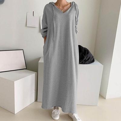 Women Spring Fall Dress Drawstring Hooded Solid Color Loose Long Sleeves V Neck Ankle Length Soft Breathable Casual Lady Maxi Dress