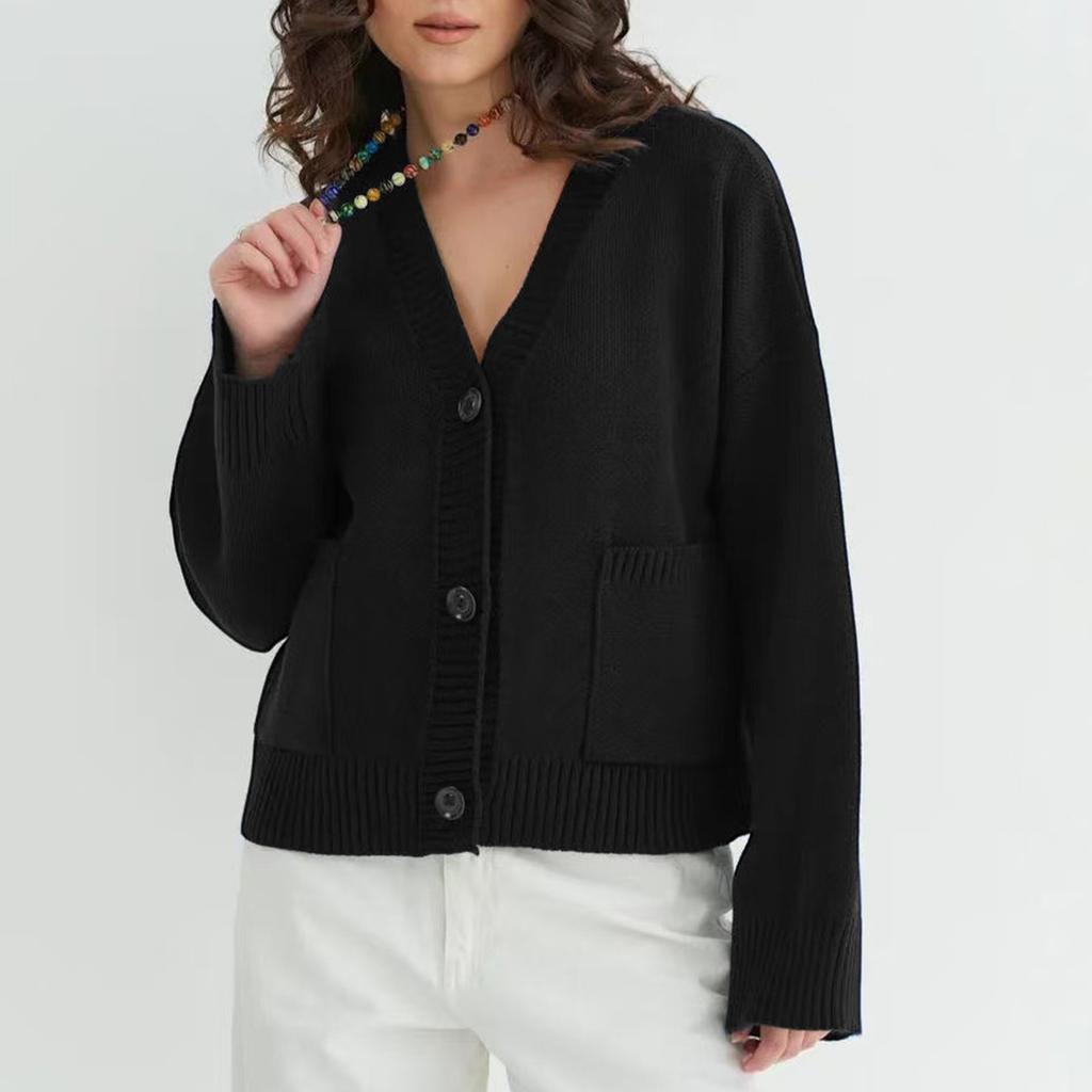 Women's Solid Color V-neck Pocket Knitted Cardigan With Loose And Soft Texture Design, Sweater Jacket