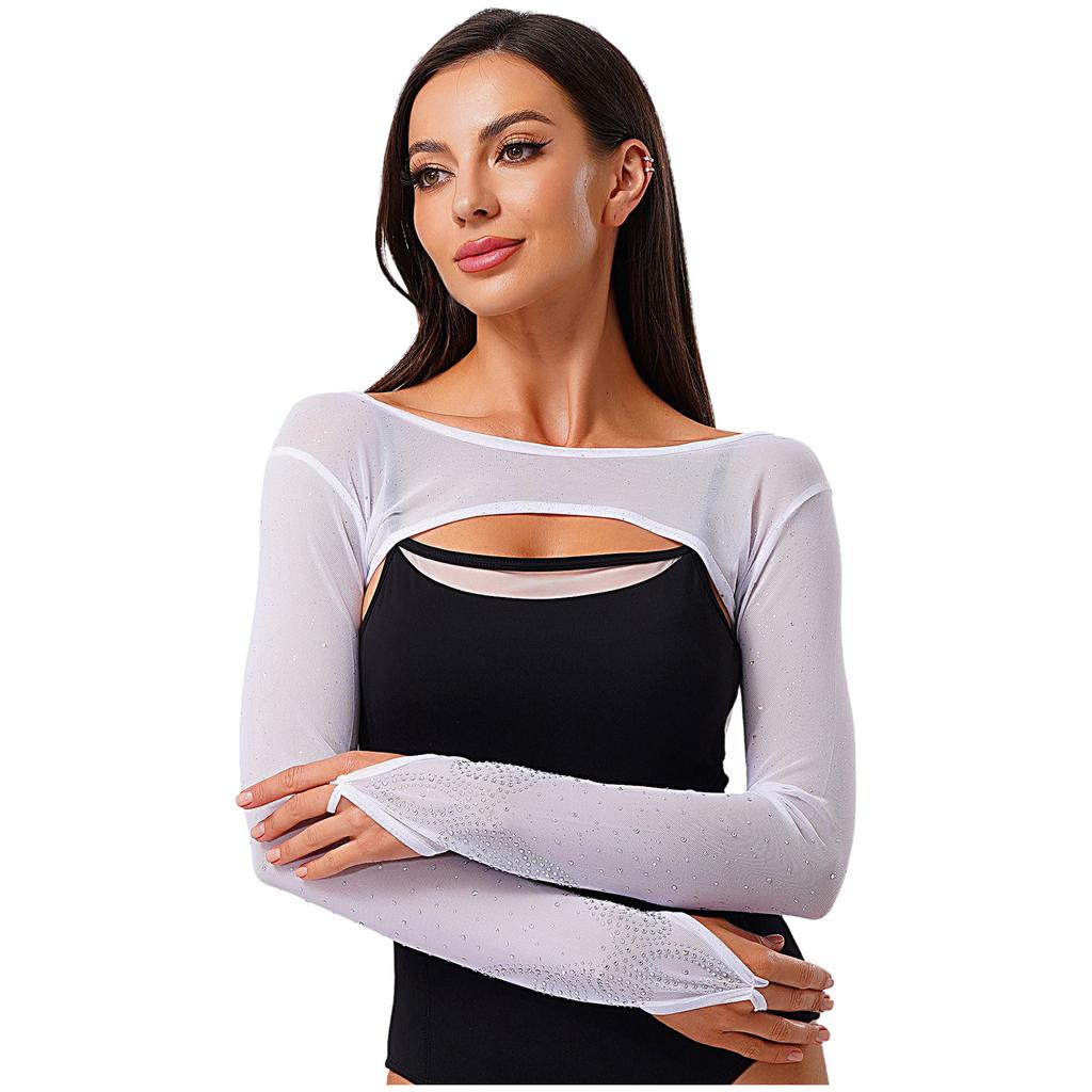 Womens Sparkle Rhinestone Mesh Long Sleeve Dance Crop Top Finger Loop Pullover Shrug Shoulder Cover