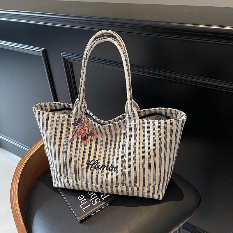 ins wind striped canvas handbag women's 2025 spring and summer large capacity tote bag shoulder bag travel bag