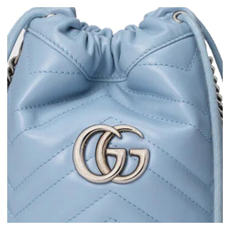 Gucci crossbody bag GG Marmont Silver Label Logo Quilted Leather Drawstring Bucket Chain Shoulder Mini Women's Light Blue Candy Color Unicorn Color