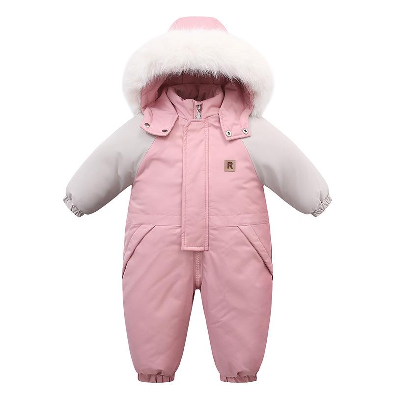 Winter-Plüschkragen Kinder-Strampler: Dicker, warmer, Kapuzen-Jumpsuit mit langen Ärmeln und Reißverschluss