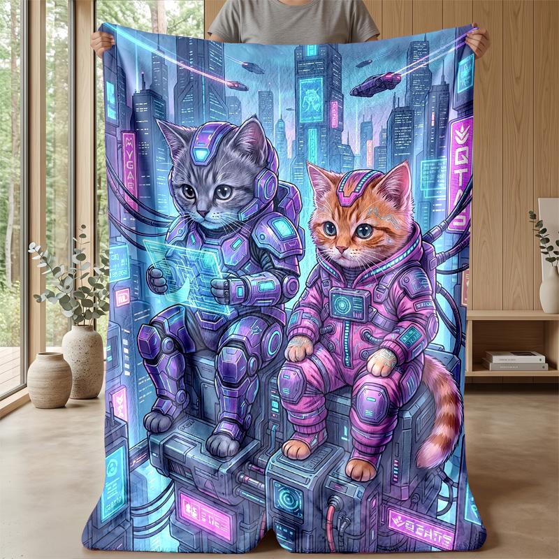 Furry Cat Night Scene Theme blanket Lightweight Warm Flannel Blanket Decorative Throw Blanket for Home Decoration