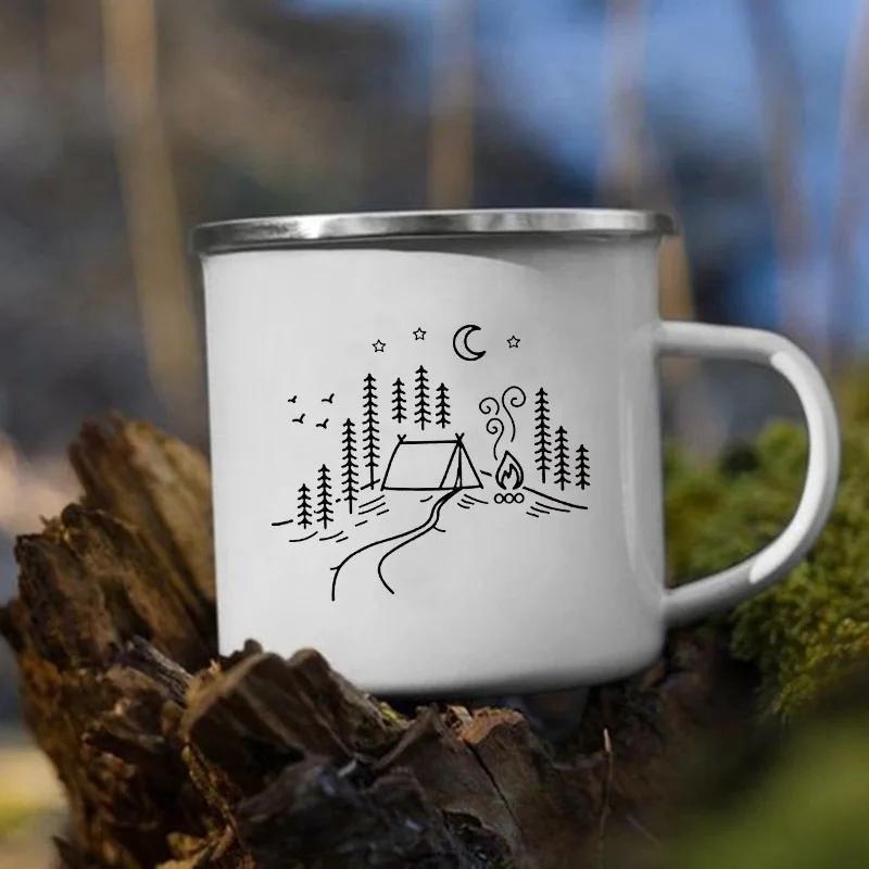Stampa 'Le Montagne Aspettano' Tazza Smaltata Creativa Campeggio Caffè Tè Acqua Latte Tazze Manico Bicchiere Vacanza Escursionismo Regalo
