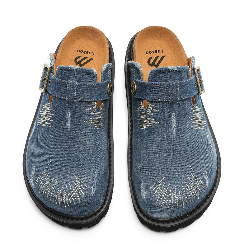 

6061 деним мужские и женские пары лето Boken ленивый мешок голова половина тапочки на платформе кэжуал 35 джинсовый синий