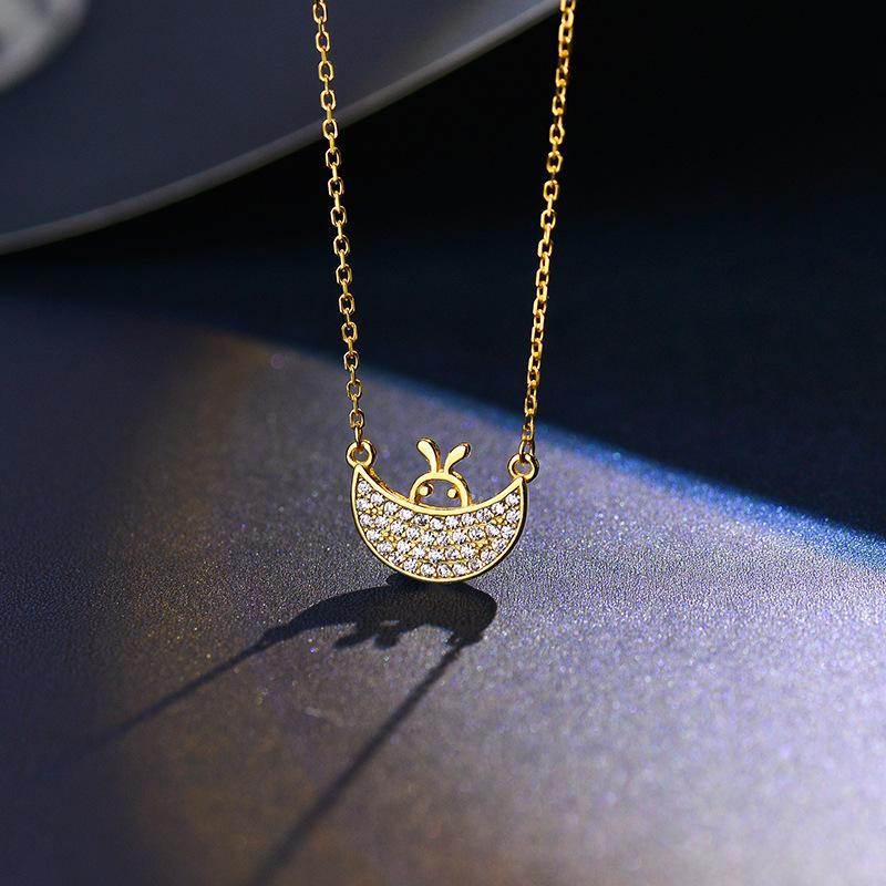 Voll Diamant Mondelfen Halskette Mondschiff Hase Schlüsselbeinkette Niedliches Tier Ornament Weiblich
