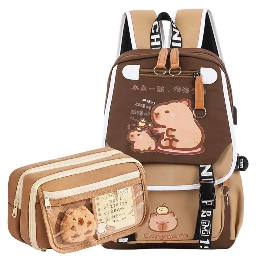 Capybara Flap Backpack with Pencil Case Fashion Casual Nylon Cute Bag Large Capacity Bookbag Animal Cartoon Daypack for Teens