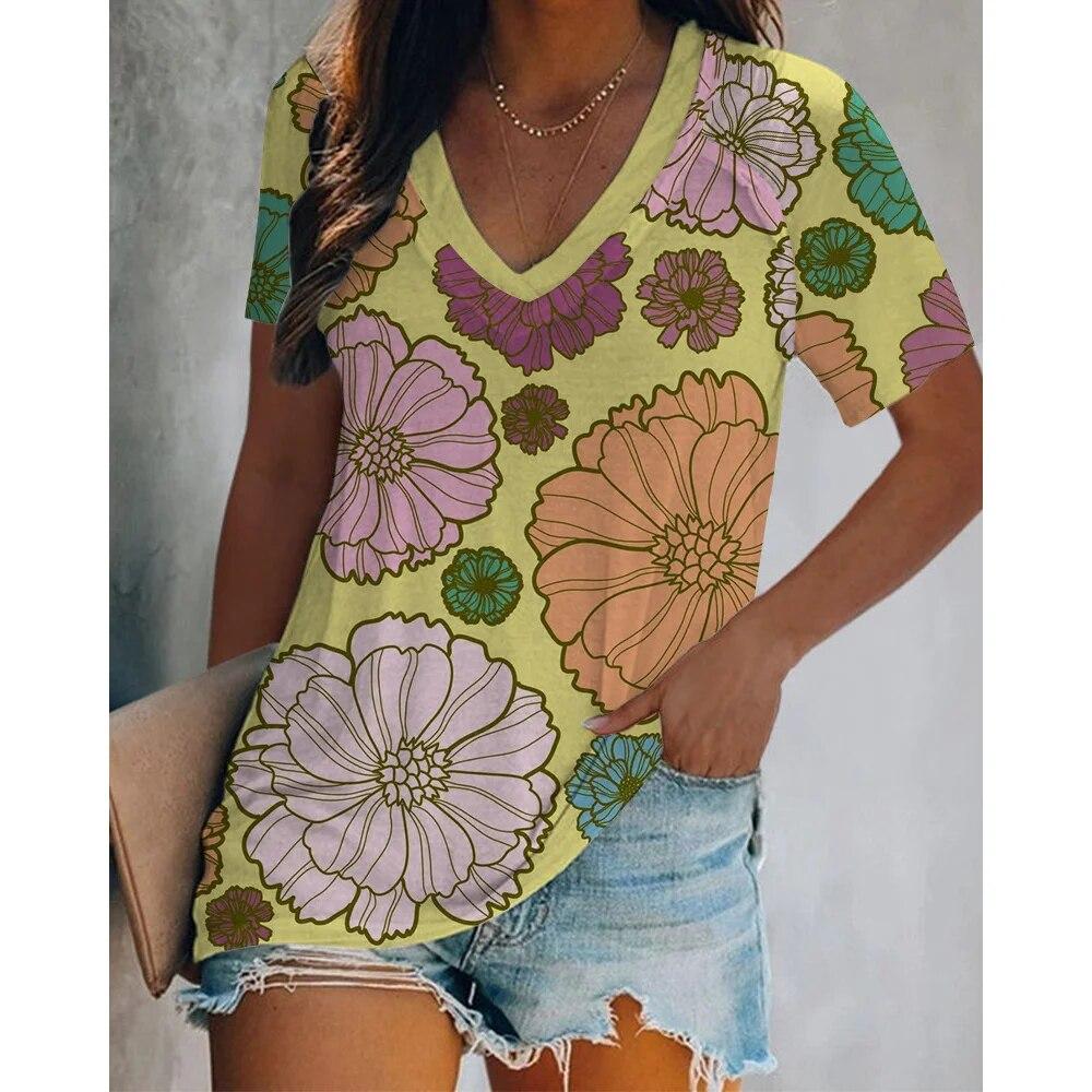 

Женская футболка с цифровым принтом, одежда в стиле Харадзюку, летние футболки с v-образным вырезом и короткими рукавами, городская свободная блузка, уличная одежда большого размера 6XL