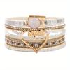 1pc Boho Chic Multilayer Faux Leather Wrap Bracelet with Handmade Braiding, Vintage Style, Big Golden Heart Charm