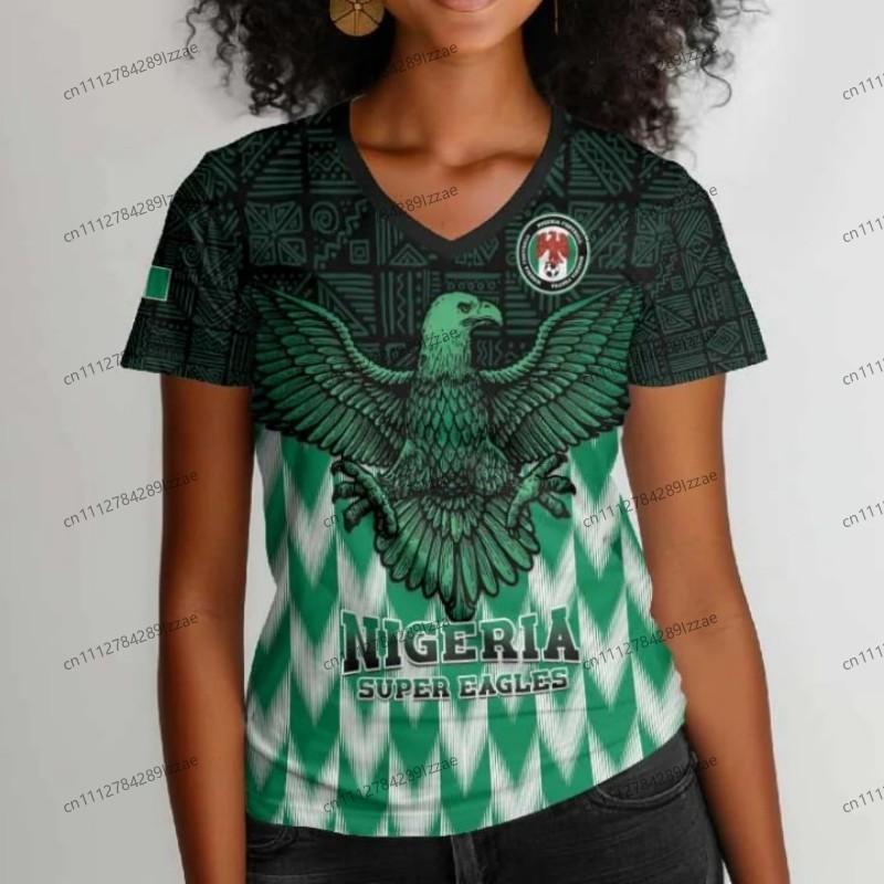 Maglietta da tifoso di calcio ispirata alla Nigeria da donna con motivo aquila verde bianca, scollo a V, manica corta, top casual da tifoso