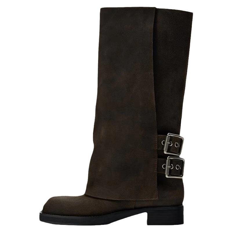 ZA retro nisje bukser støvletter ridestøvler dame 2025 nye høst og vinter tykk hæl firkantet tupp lange støvler høye støvler