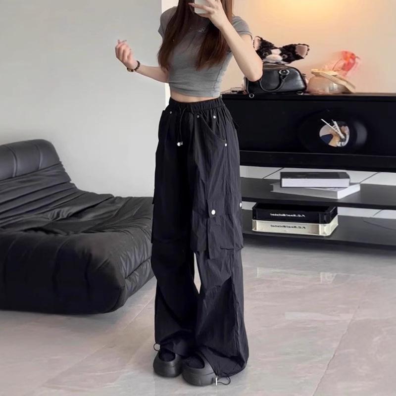 Women's High-Waist Cargo Pants: 2025 American Design, Drawstring, Floor-Length, Loose Fit Casual Trousers