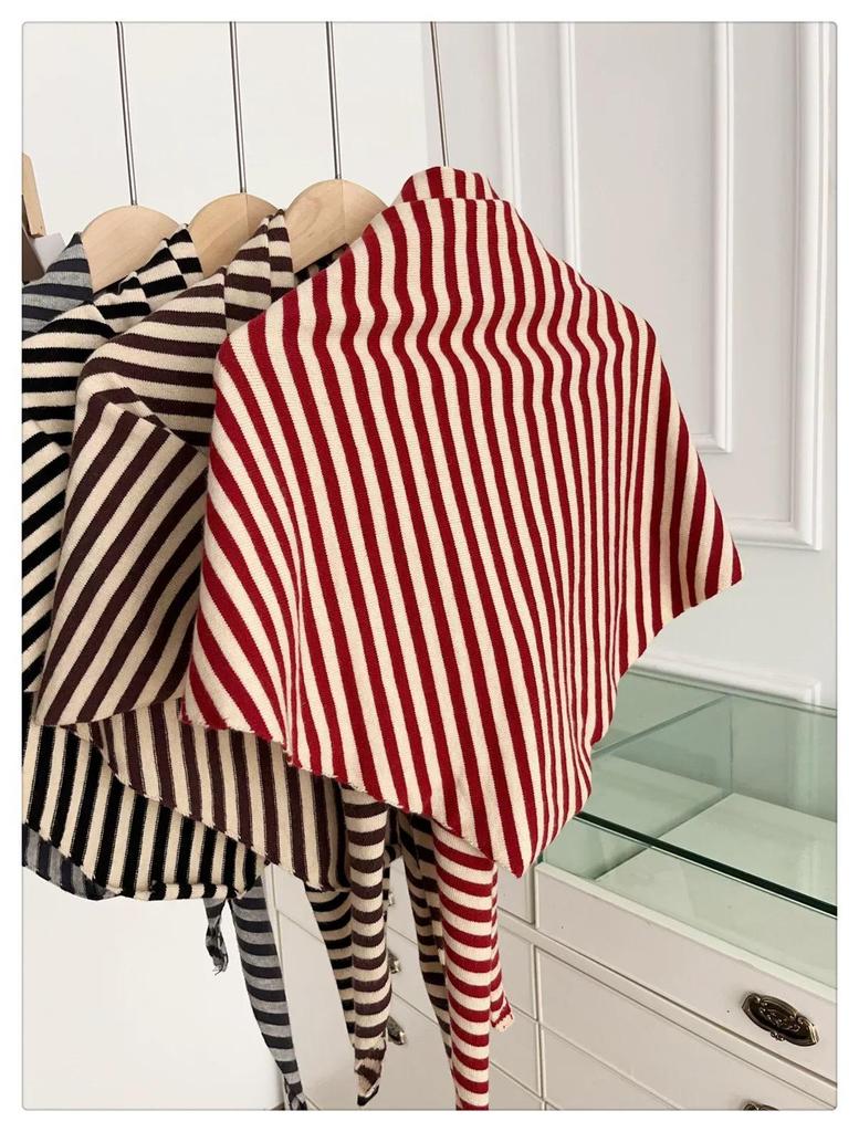 2025 Wool Blend Striped Triangle Shawl Women's Warm Thick Knitted Outerwear