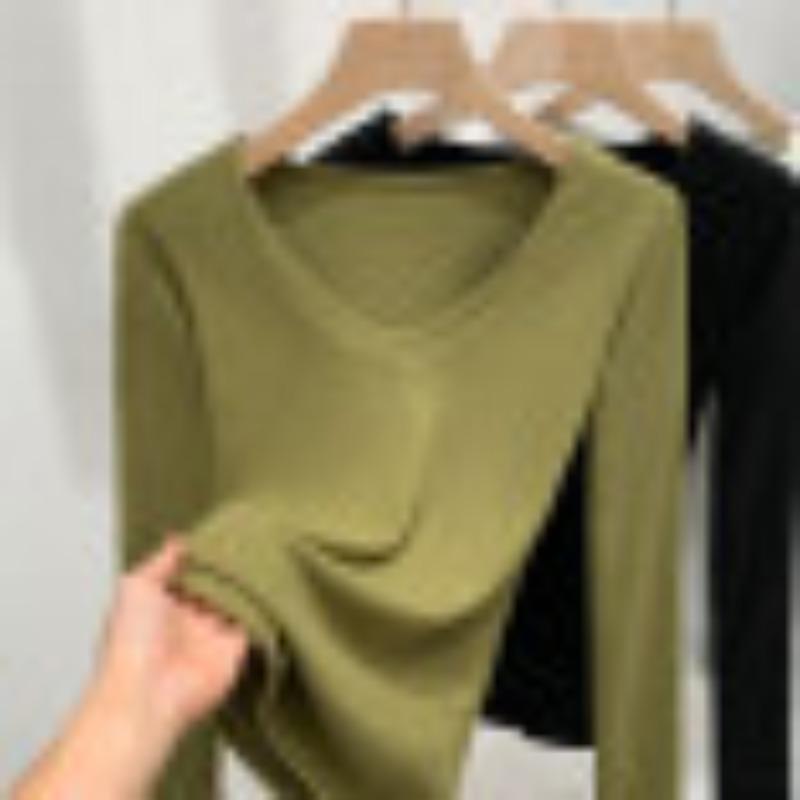 

German velvet bottoming shirt women s autumn and winter new sexy collar slim-fitting long-sleeved shirt warm inner waist top 2XL хаки