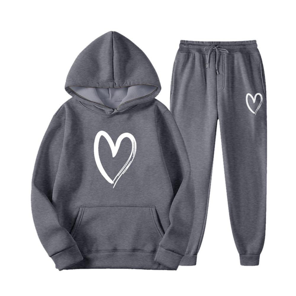 Felpa e Pantaloni da Ginnastica Autunnali Set 2 Pezzi Oversize Tinta Unita Stampa Cuore Felpe con Cappuccio+Pantaloni Jogger Fitness Set Donna Y2k Completi Pantalone