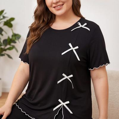 Europäische und amerikanische große Größe lockere und bequeme Loungewear einfarbiger Pyjama mit Schleife kurzärmelige Oberteile und Hosen zweiteiliges Set