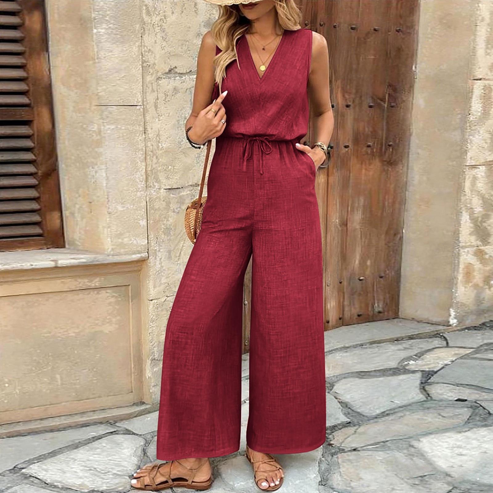 

Sleeveless Wide Leg Jumpsuit for Women with Drawstring Waist V Neck Loose Fit Casual Outfit L червоний