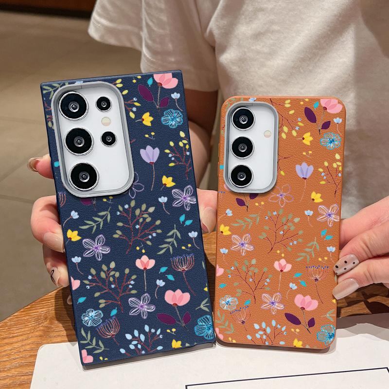 Carcasă pătrată din piele cu textură florală cu model floral pentru Samsung S25 S24 S22 Ultra S23 S21 S20 Fe A55 A54 A53 A52 A35 A15 A16 rezistentă la șocuri moale TPU subțire husă