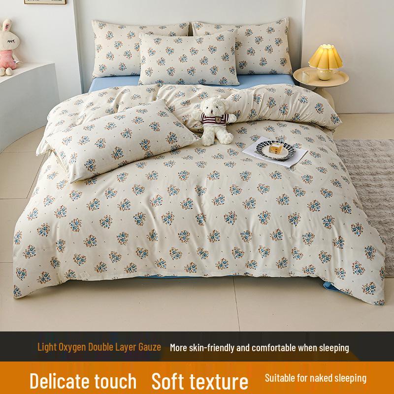 Elegant High-Weight Knit Cotton Floral Four-Piece Bedding Set – Skin-Friendly, Available In Single/Double Sizes.