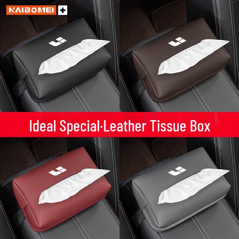 Compatible Car Tissue Box for Ideal L6/L7/L8/L9/M8 - Armrest-Mounted Pull-Out Tissue Holder Ideal - PU Leather Beige Tissue Pack