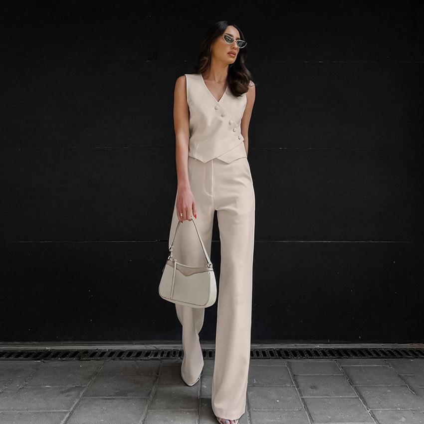European and American cotton and linen khaki cardigan vest straight pants two-piece set women's 1116 summer new casual suit