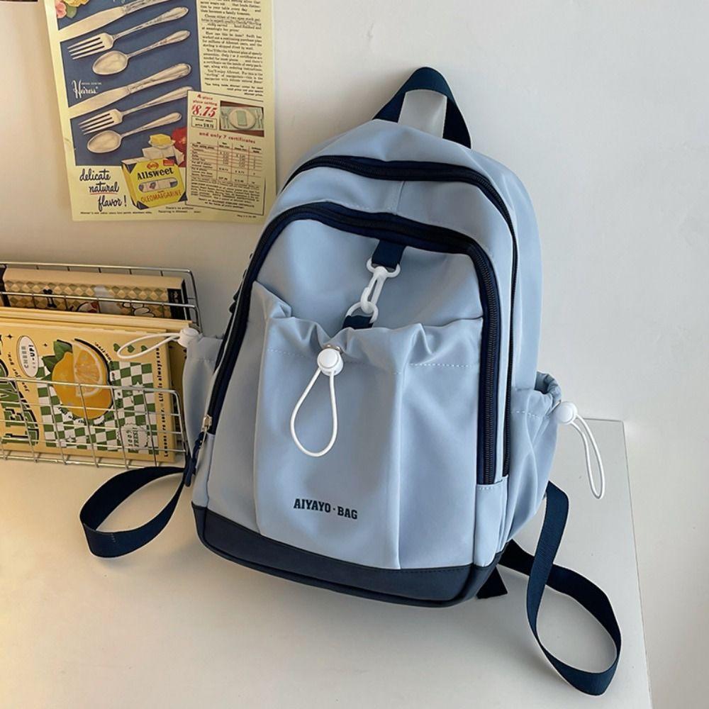 

Nylon Students School Bag Solid Shoulder Bag Fashion Contrasting Color Backpack Rucksacks синий