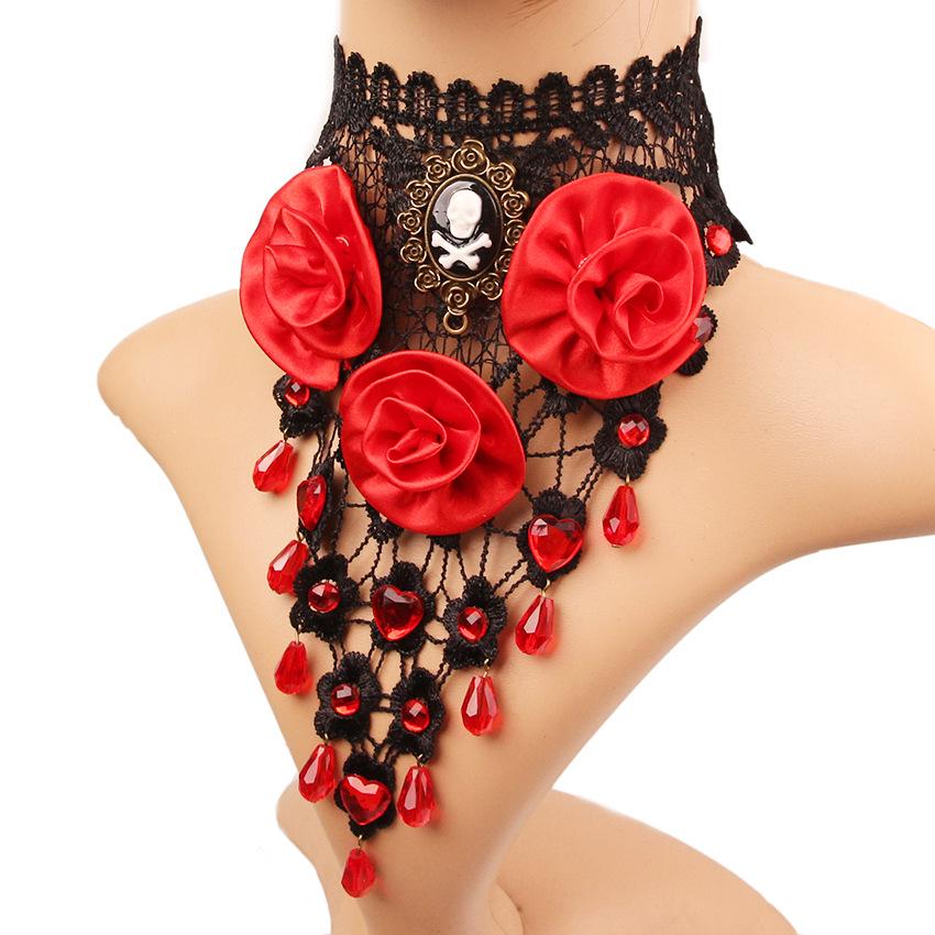 Gargantilla de Encaje Negra de Moda Euroamericana con Colgante de Lágrima de Flor de Rosa