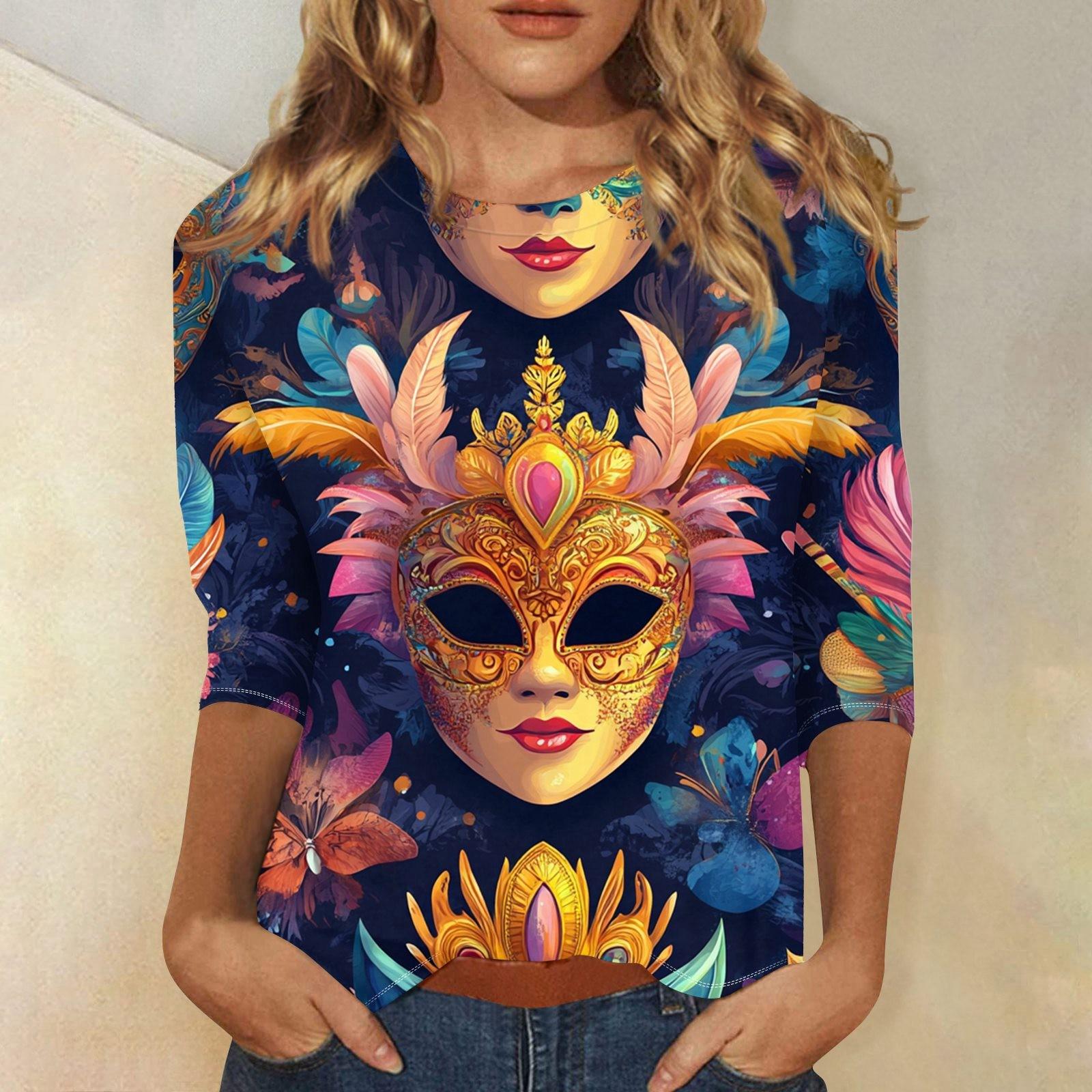 

Женская мода свободный повседневный топ с семью рукавами и круглым вырезом с карнавальным принтом XXXXL фиолетовый