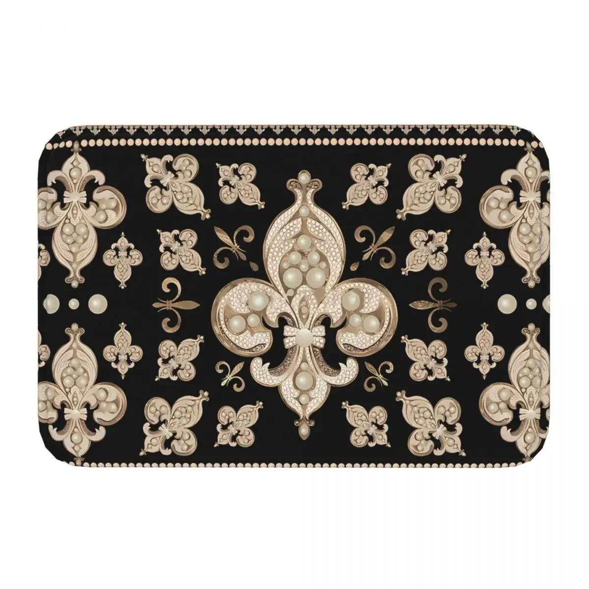 

Fleur De Lys Bedroom Mat Luxury Pearl And Gold Ornament Cool Rug Home Doormat Kitchen Carpet Entrance Door 40cmx60cm