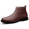 Men's Fashion High-Top Leather Slip-On Boots with Side Zipper, Plush Lined, Warm Cotton, Size 47