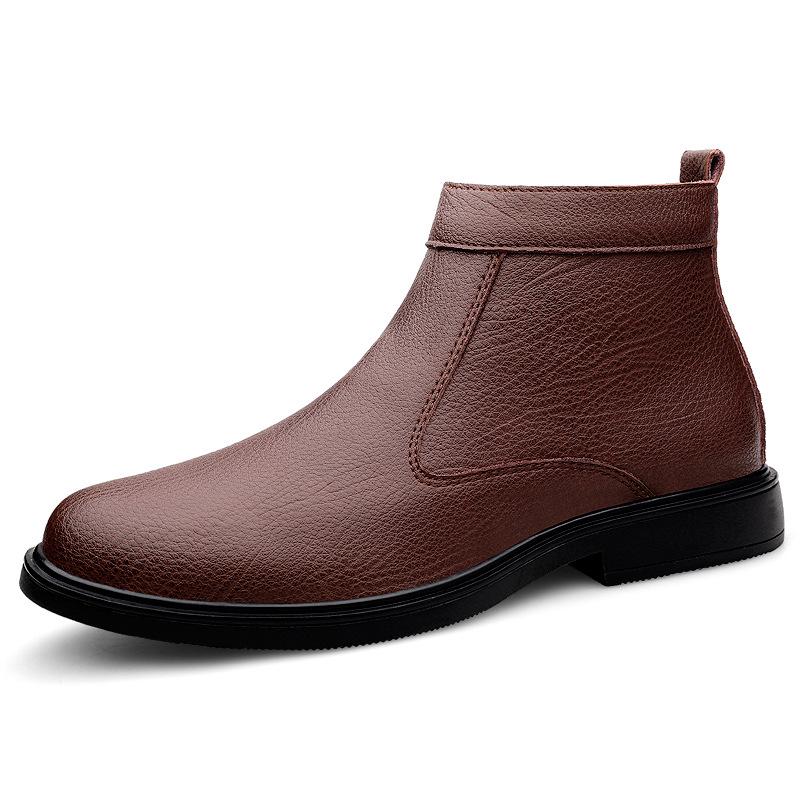 Men's Fashion High-Top Leather Slip-On Boots with Side Zipper, Plush Lined, Warm Cotton, Size 47