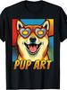 Men's Retro Shiba Inu Dog T-Shirt - Funny Pop Art Pup with Heart Fashion Glasses Graphic Tee, Casual Streetwear Suitable for - Wear, Machine Washable 