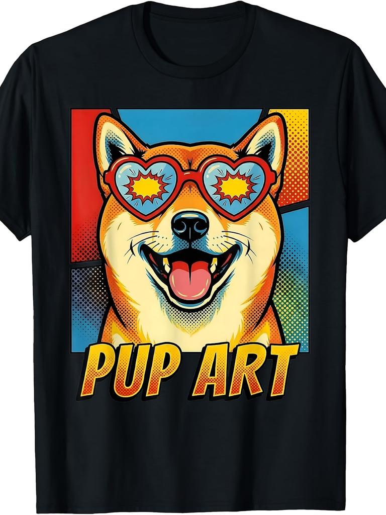 Men's Retro Shiba Inu Dog T-Shirt - Funny Pop Art Pup with Heart Fashion Glasses Graphic Tee, Casual Streetwear Suitable for - Wear, Machine Washable