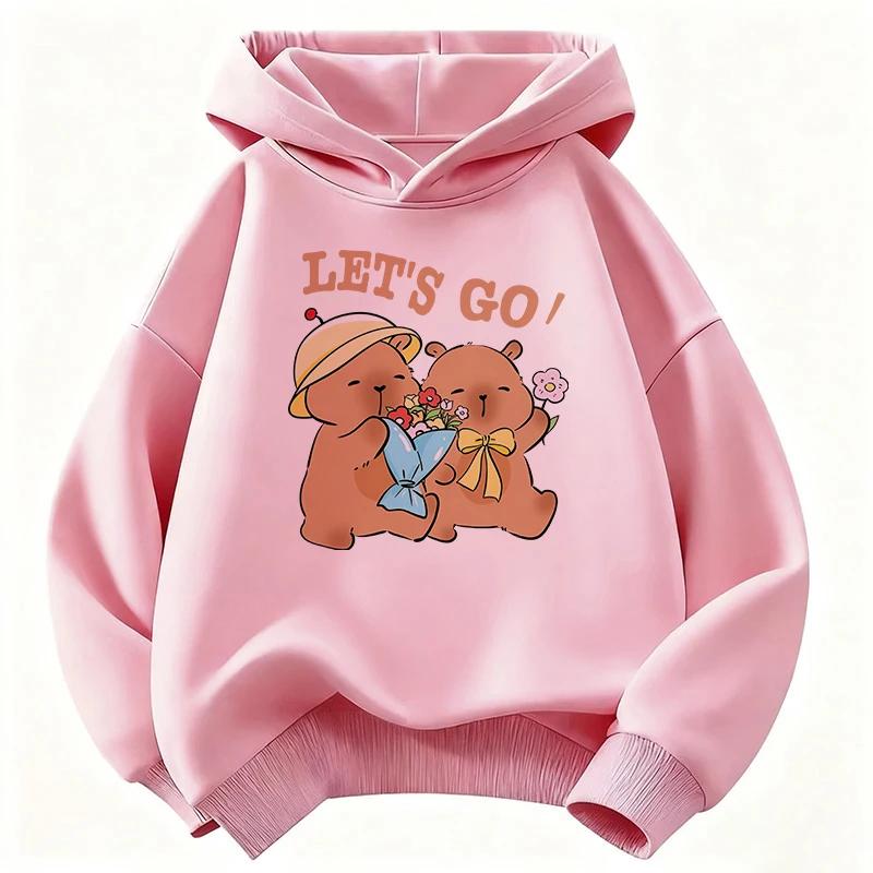 Fashion Kawaii Capybara Bow with Flower Kids Hooded Children's Sweatshirt Cute Hoody for Boys Girls Casual Hoodies Kids Clothing Top