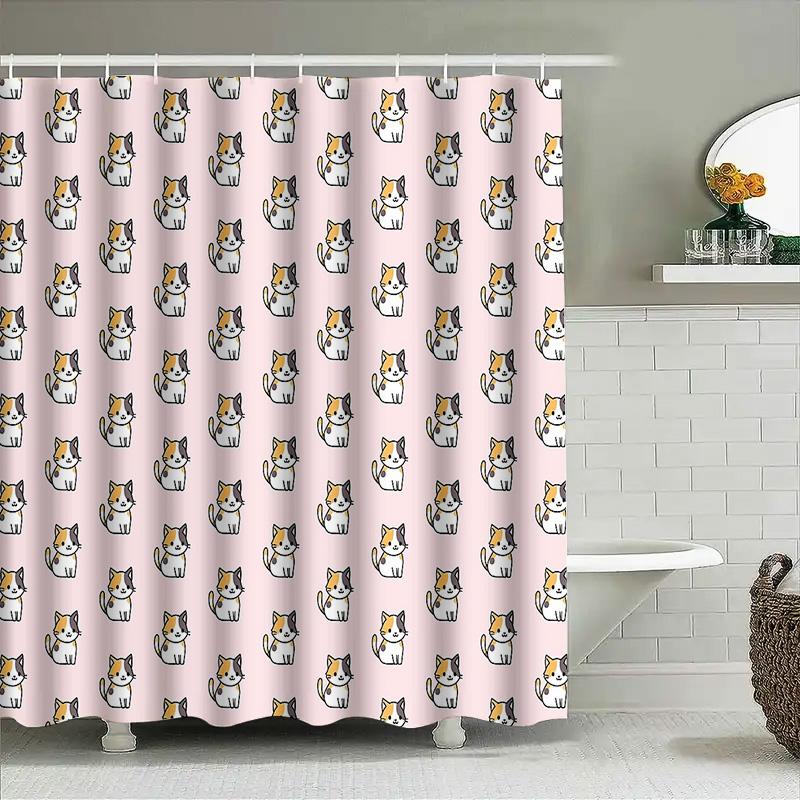 Süßer Katzen-Duschvorhang Wasserdicht Tier-Muster Badezimmer-Dekoration Farmhouse Chic Heimdekoration Japanischer Stil Waschbarer Stoff