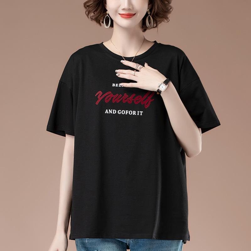 

Женская летняя хлопковая футболка с коротким рукавом большого размера - Свободный крой для мам среднего возраста (#9832) XXL чёрный