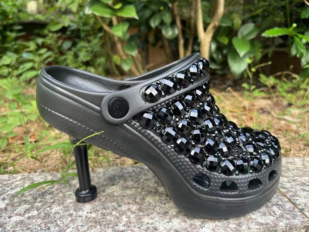Fashion Designer High Heel Rhinestone Hollow Hole Hole Shoes Pearl Colored Diamond Fashionable Lazy Slippers Green Size 41 Women's Shoes