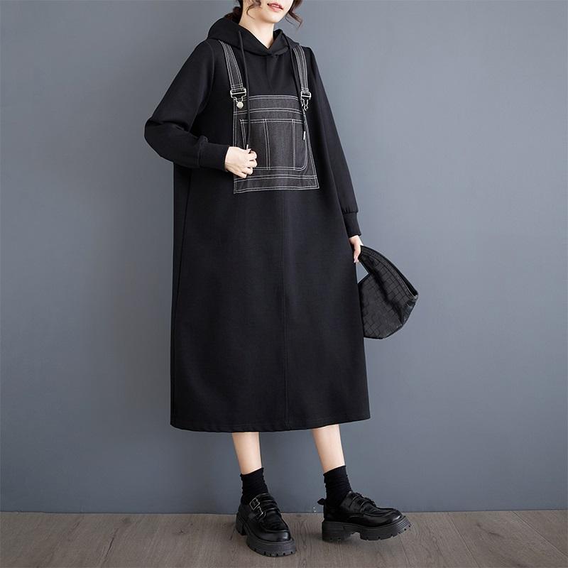 Long Sleeve Oversized Black Hooded Vintage Patchwork for Women Casual Loose Spring Autumn Sweatshirt Dress