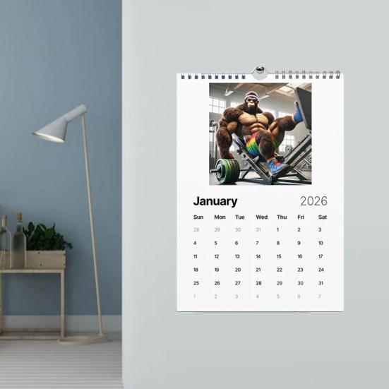 Nástěnný kalendář 2026 Vtipný fitness kalendář Sasquatch 12měsíční kalendář Humorný dárkový předmět s tématikou posilovny pro muže, fanoušky kryptidů, milovníky fitness
